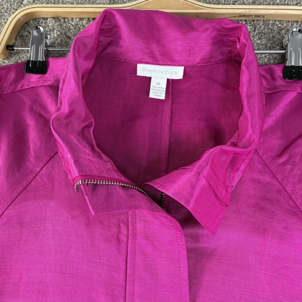 Fuschia Linen Blend Jacket Womens XL Cinched Waist Lighweight Full Zip Statement